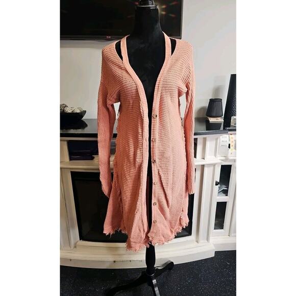 Hayden Sweaters - Hayden Los Angeles Sweater Womens Large Pink Waffle Knit Raw Hem Duster Length